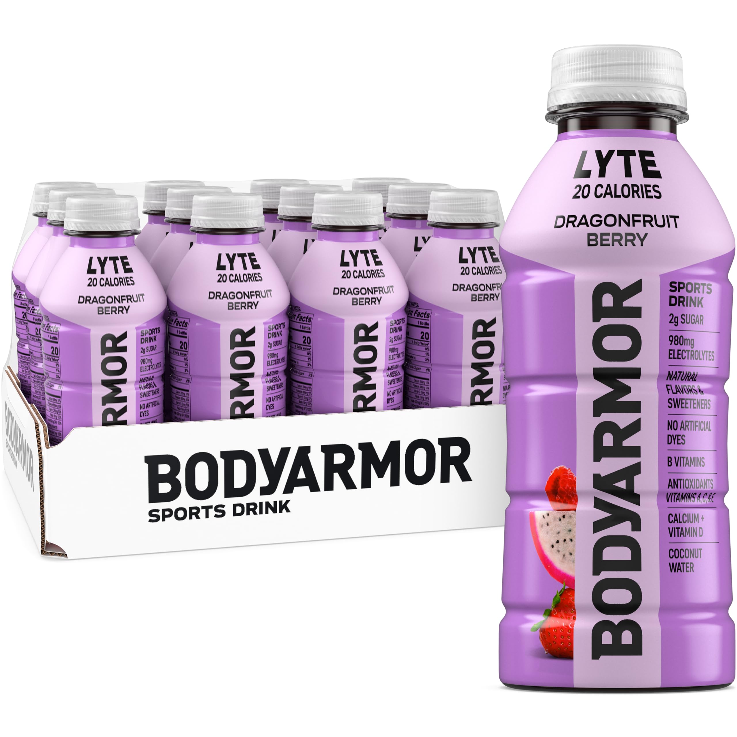 BODYARMOR LYTE Dragonfruit vista frontal botella y etiqueta clara