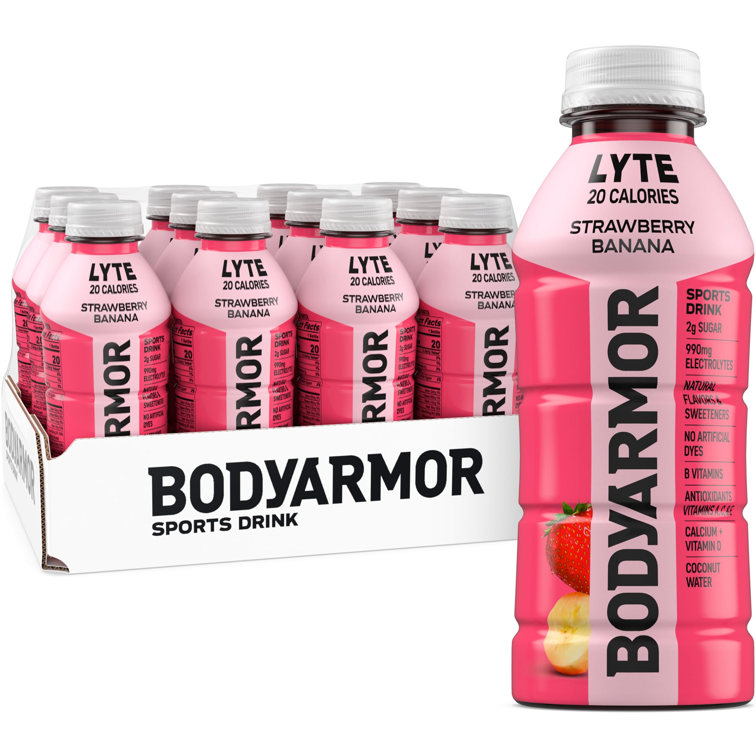 BODYARMOR LYTE botella frontal mostrando diseño y sabor fresa banana