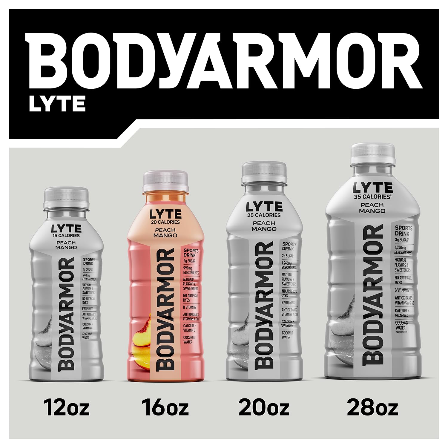 BODYARMOR LYTE ingredientes clave: agua de coco, electrolitos y vitaminas visibles
