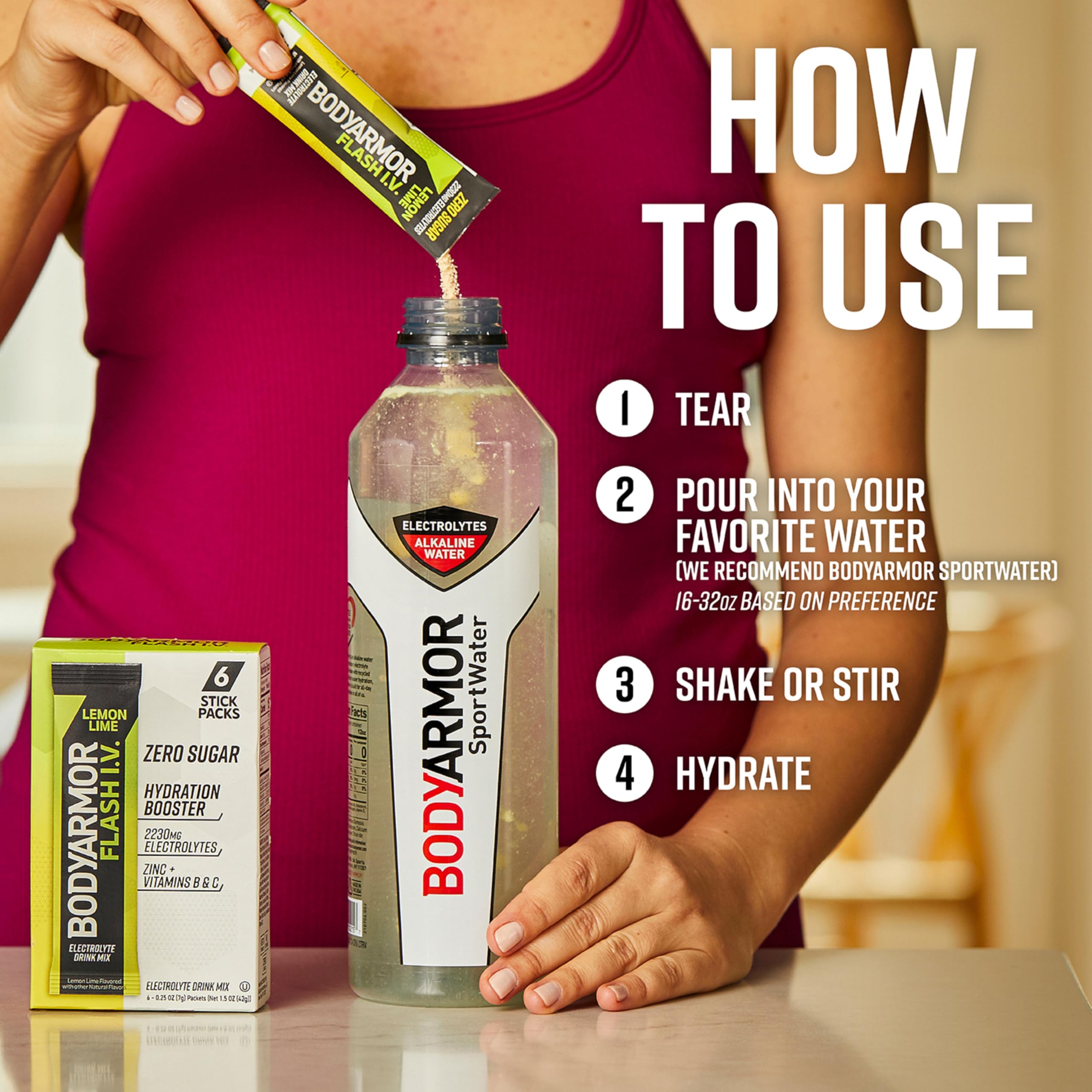 BODYARMOR polvo disolviéndose en agua para rápida reposición de electrolitos