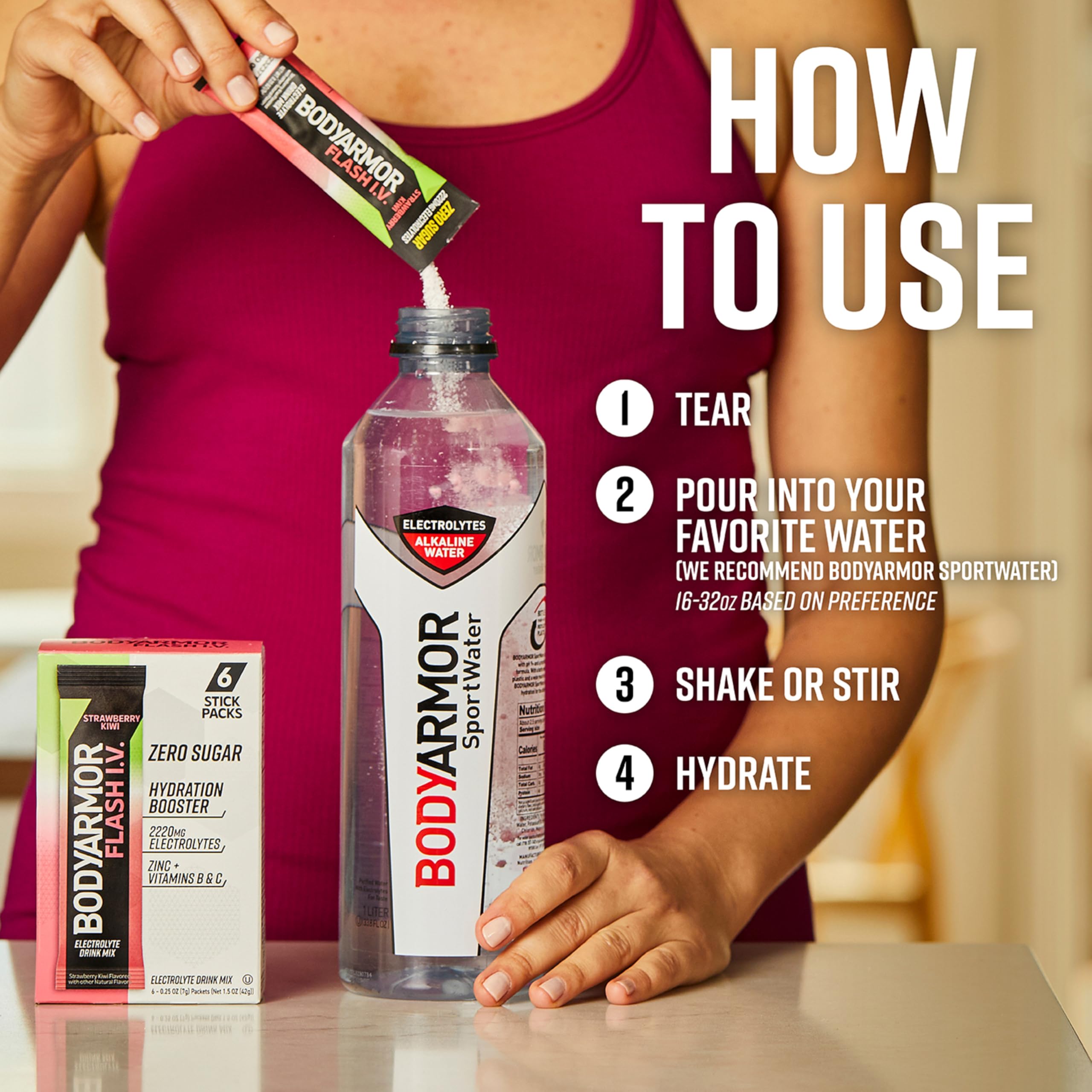 BODYARMOR sobre individual abierto listo para añadir a agua, portabilidad y conveniencia