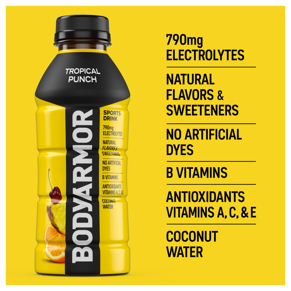 BODYARMOR botella de cerca resaltando la textura y sabor natural