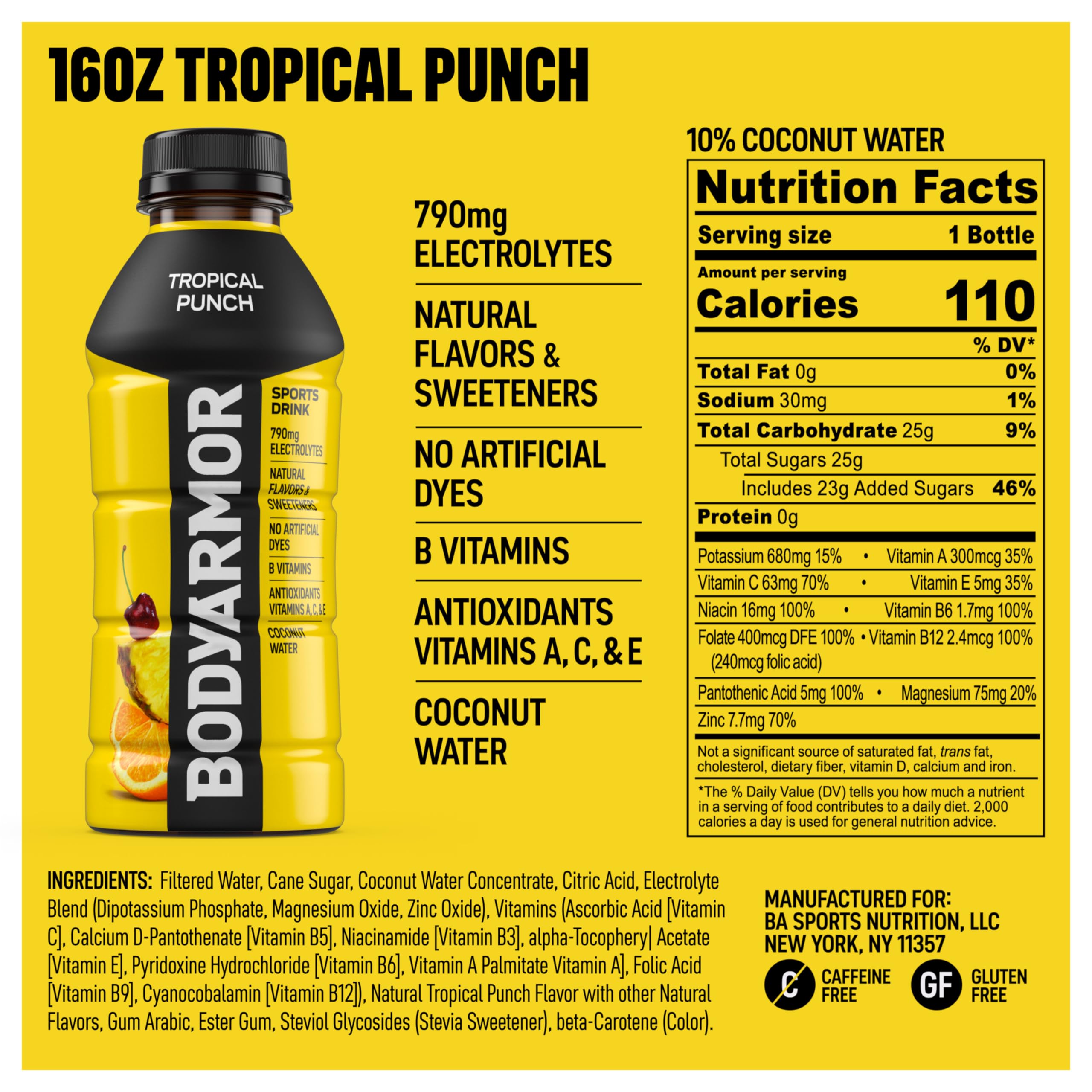 Comparación de tamaño de la botella BODYARMOR 16 oz con mano para escala