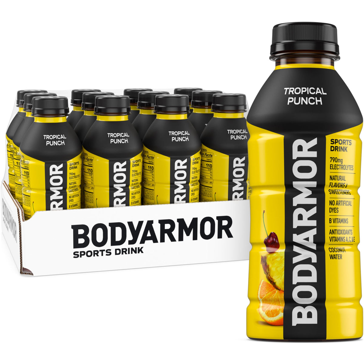 BODYARMOR botella frontal mostrando tropical punch y beneficios de hidratación