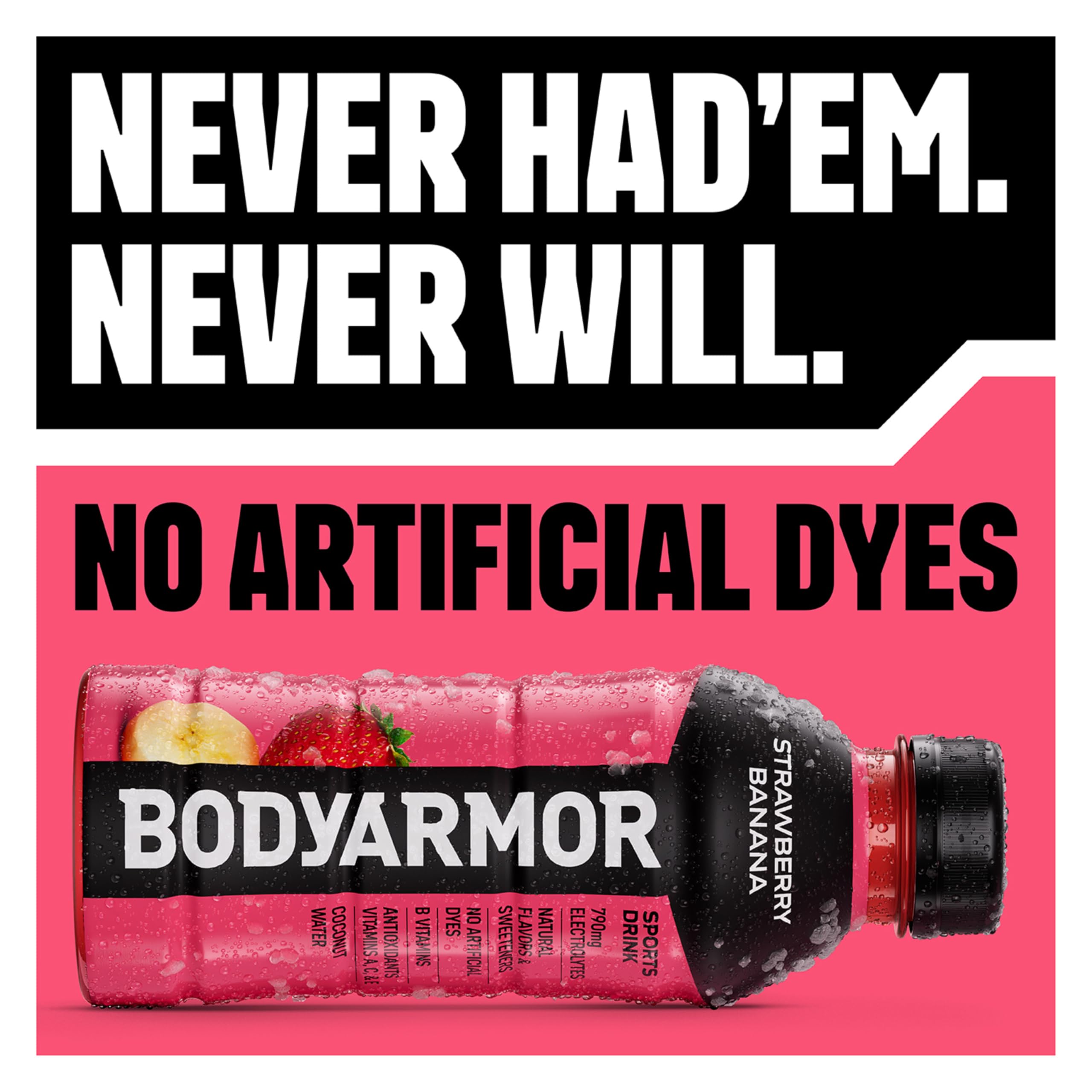 Close-up de la bebida BODYARMOR mostrando color natural y espuma ligera