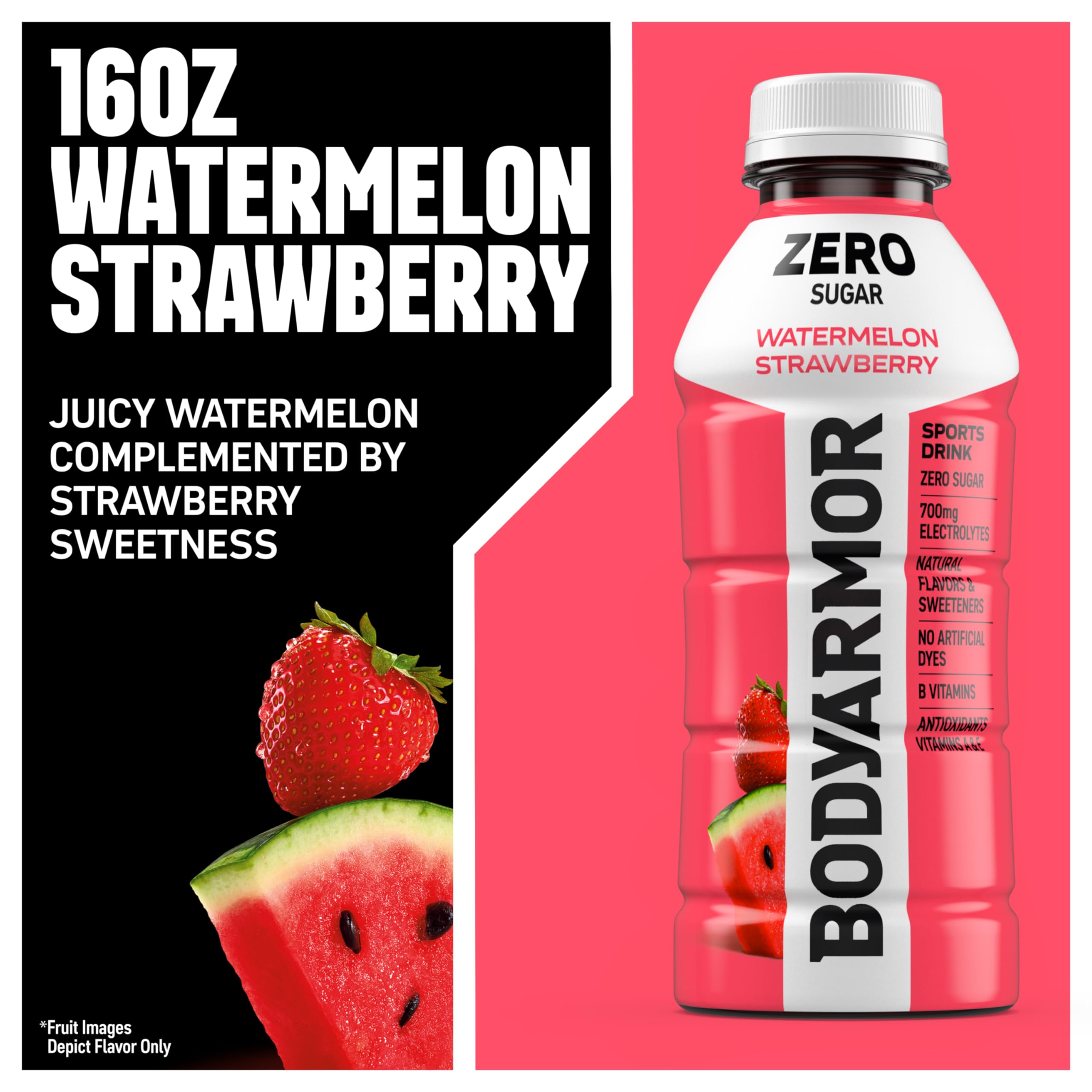 BODYARMOR etiqueta con ingredientes y beneficios visibles en botella