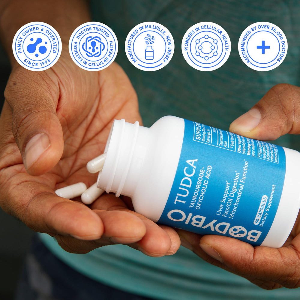 BodyBio cápsula junto a un plato con grasas saludables, beneficio apoyo a la digestión de grasas