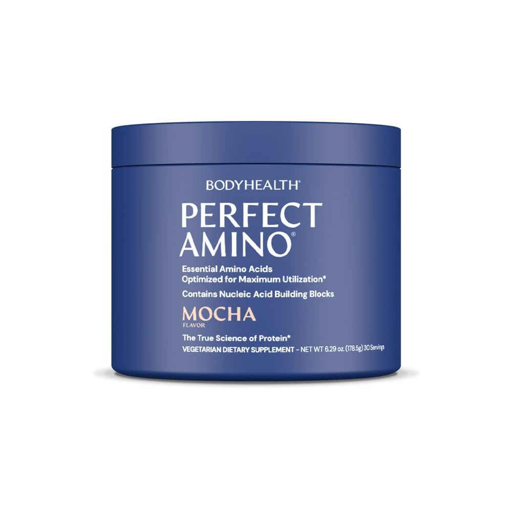 BodyHealth envase frontal PerfectAmino mocha mostrando etiqueta y beneficios