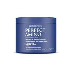 BodyHealth envase frontal PerfectAmino mocha mostrando etiqueta y beneficios