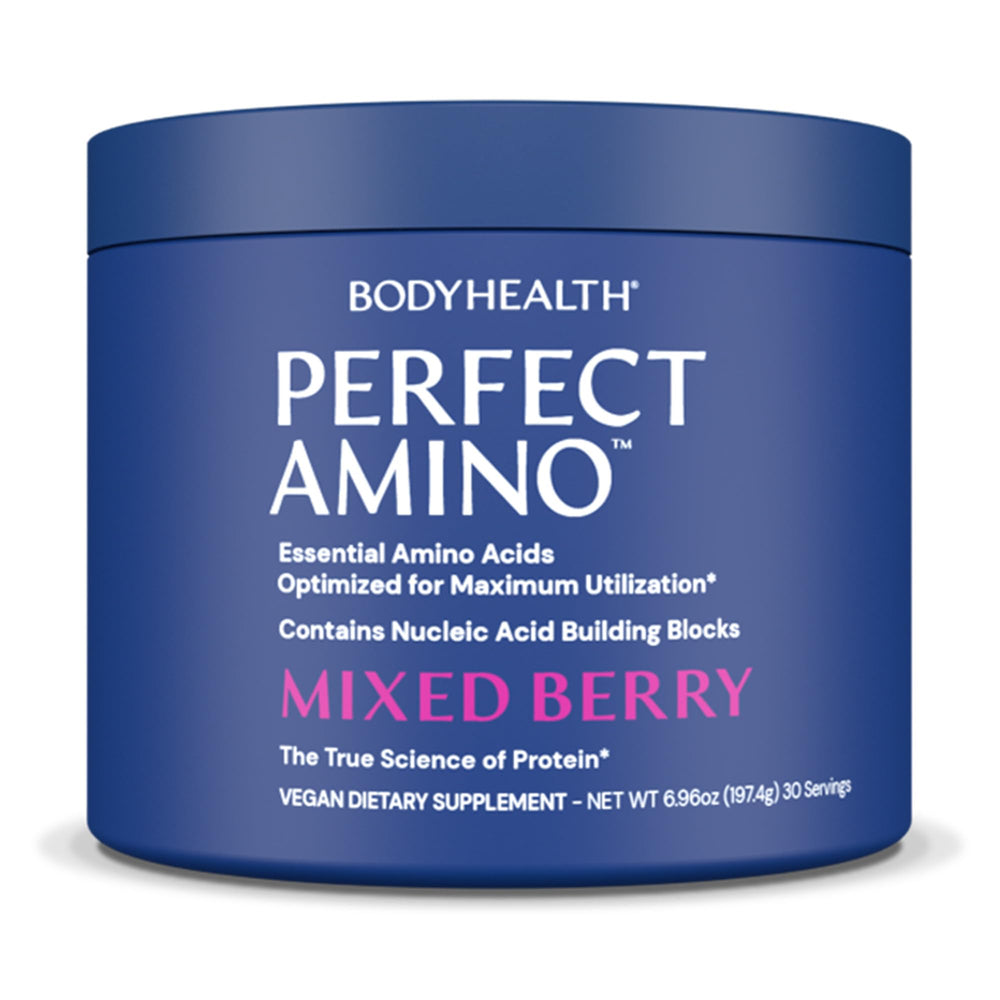 BodyHealth envase frontal de PerfectAmino mixed berry, aporta aminoácidos útiles para recuperación