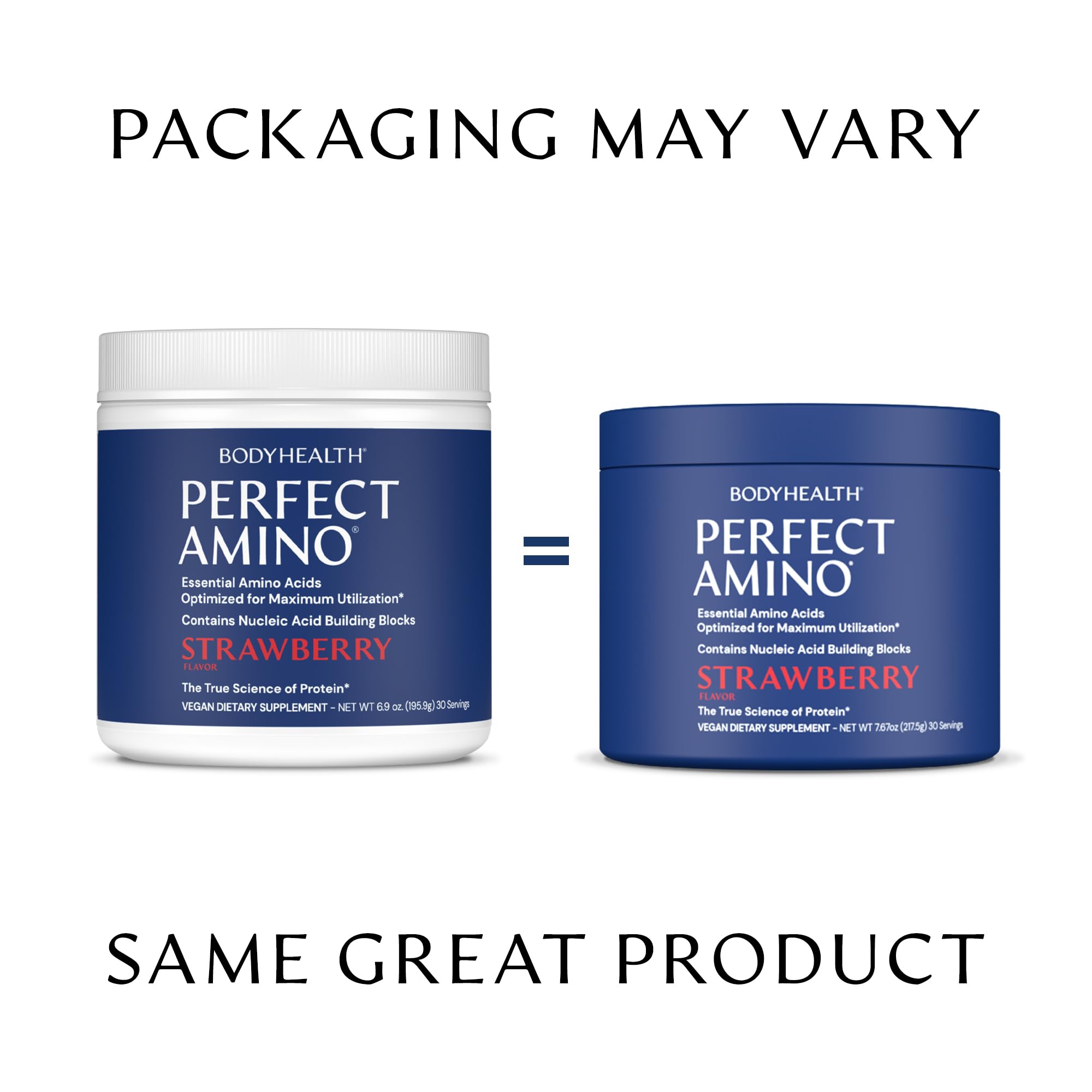 Comparación de tamaño de envase BodyHealth PerfectAmino en manos para referencia de porciones