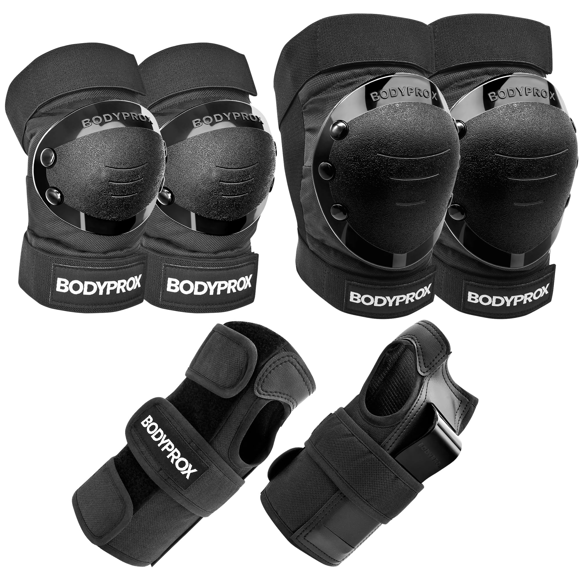 Bodyprox vista frontal del set de rodilleras, coderas y muñequeras mostrando cobertura completa y ajuste seguro