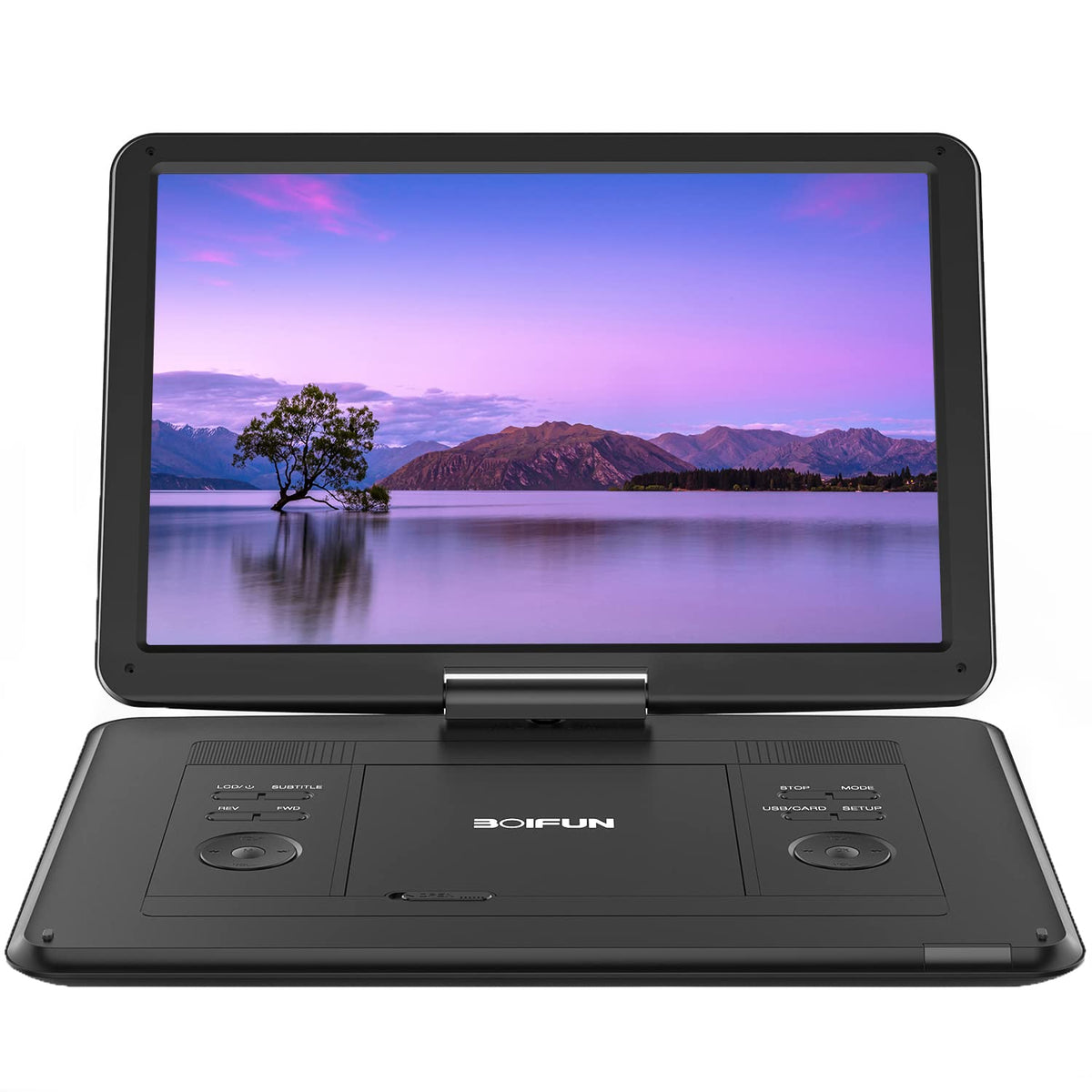 BOIFUN vista frontal del reproductor DVD portátil, ideal para entretenimiento portátil