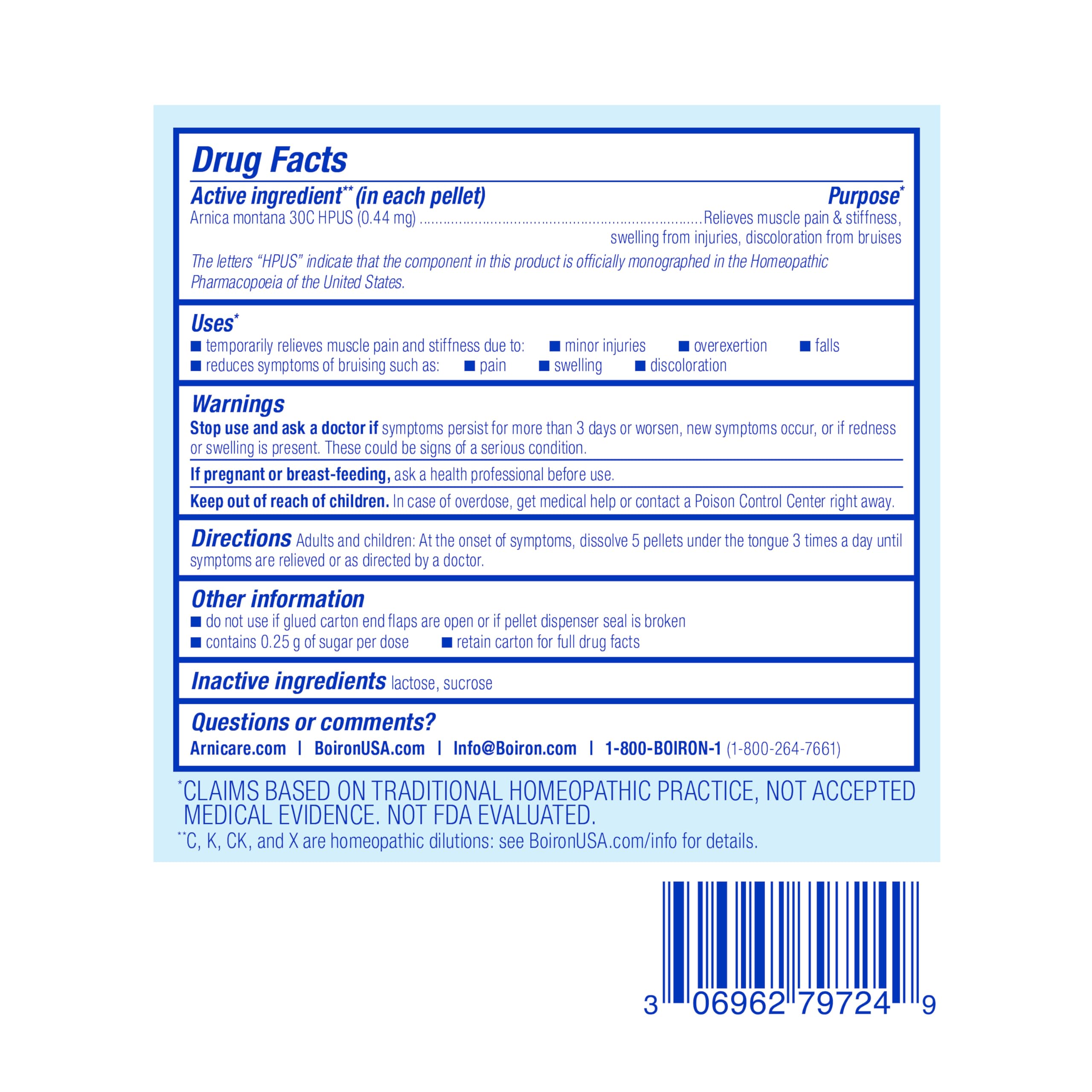 Boiron Arnica etiqueta con instrucciones para seguir dosis y seguridad