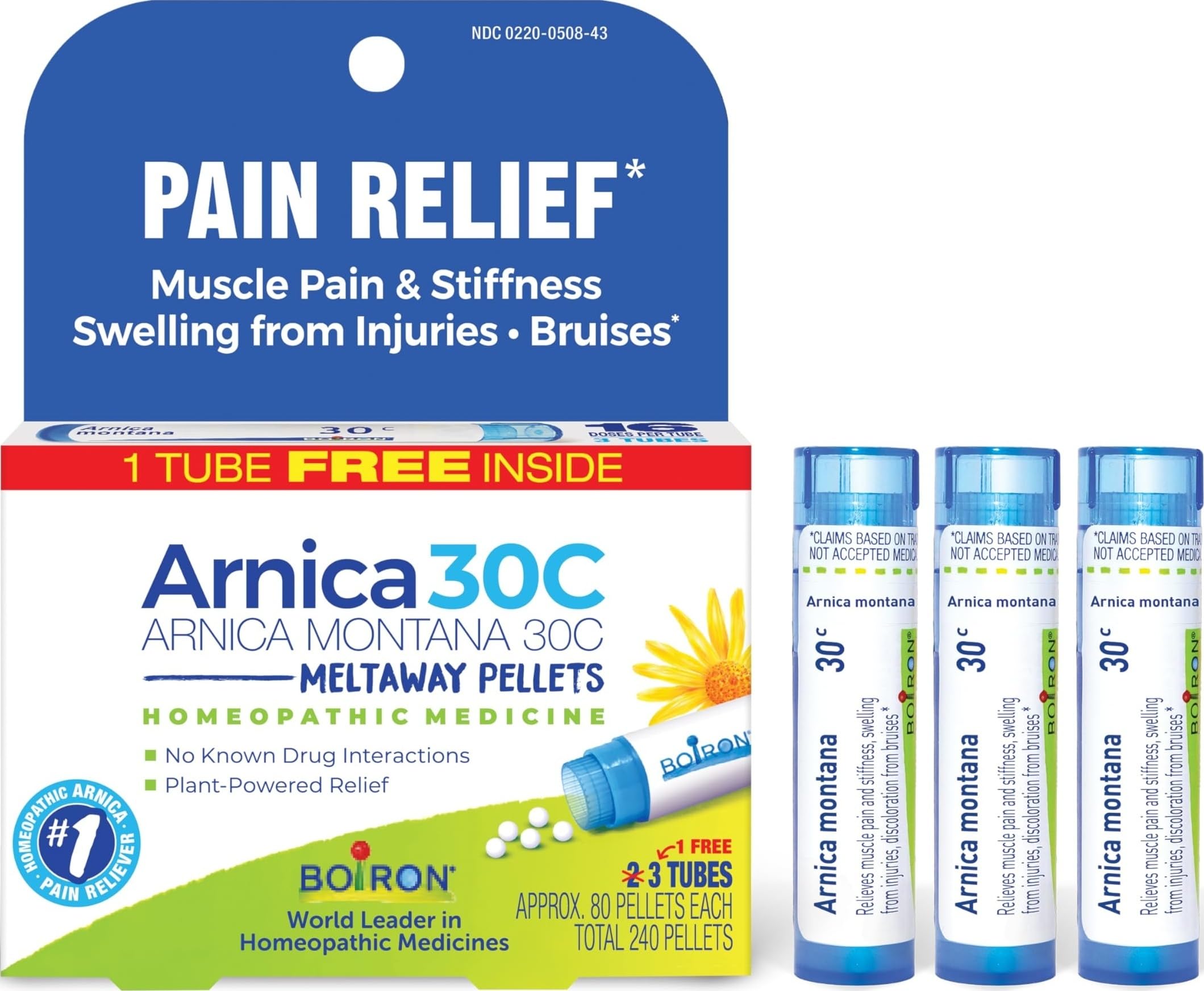 Boiron Arnica montana frontal mostrando el envase y beneficio alivio temporal