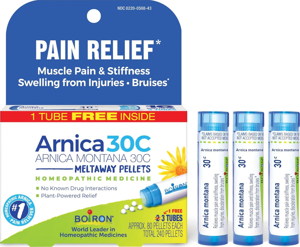 Boiron Arnica montana frontal mostrando el envase y beneficio alivio temporal