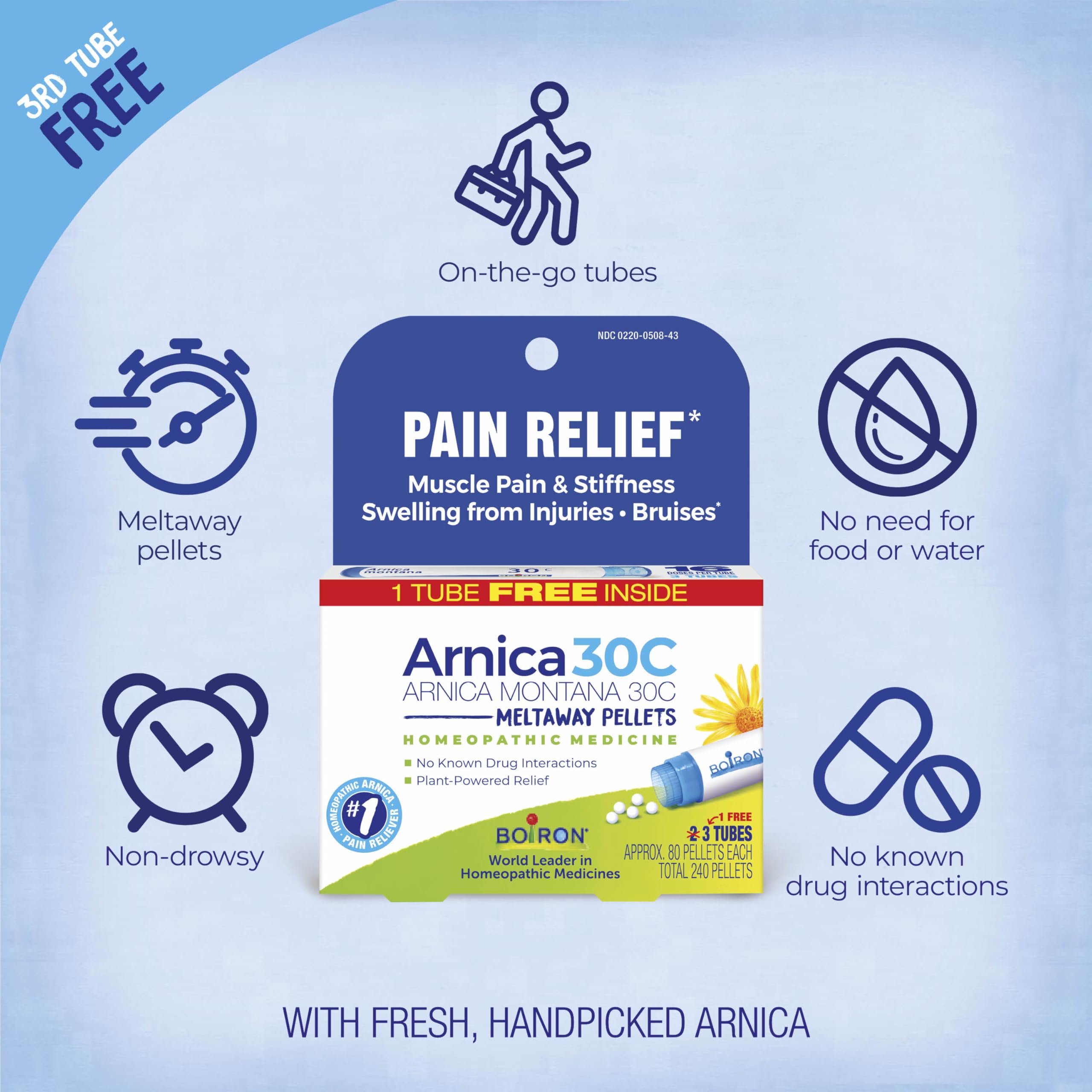Boiron Arnica pellets en mano para comparar tamaño y facilidad de toma