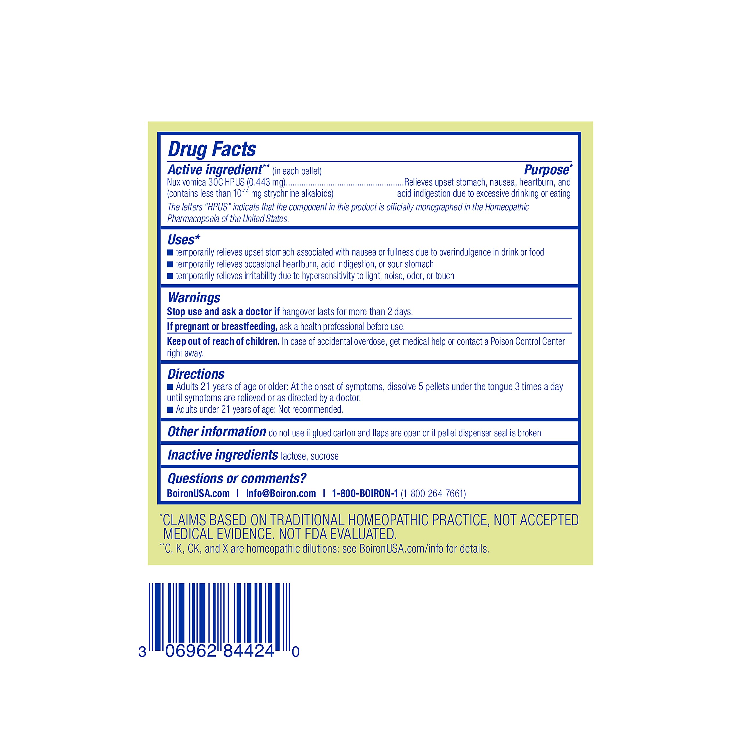 Etiqueta Boiron Nux Vomica con instrucciones y dosis claras para el usuario