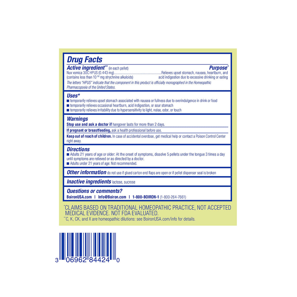 Etiqueta Boiron Nux Vomica con instrucciones y dosis claras para el usuario