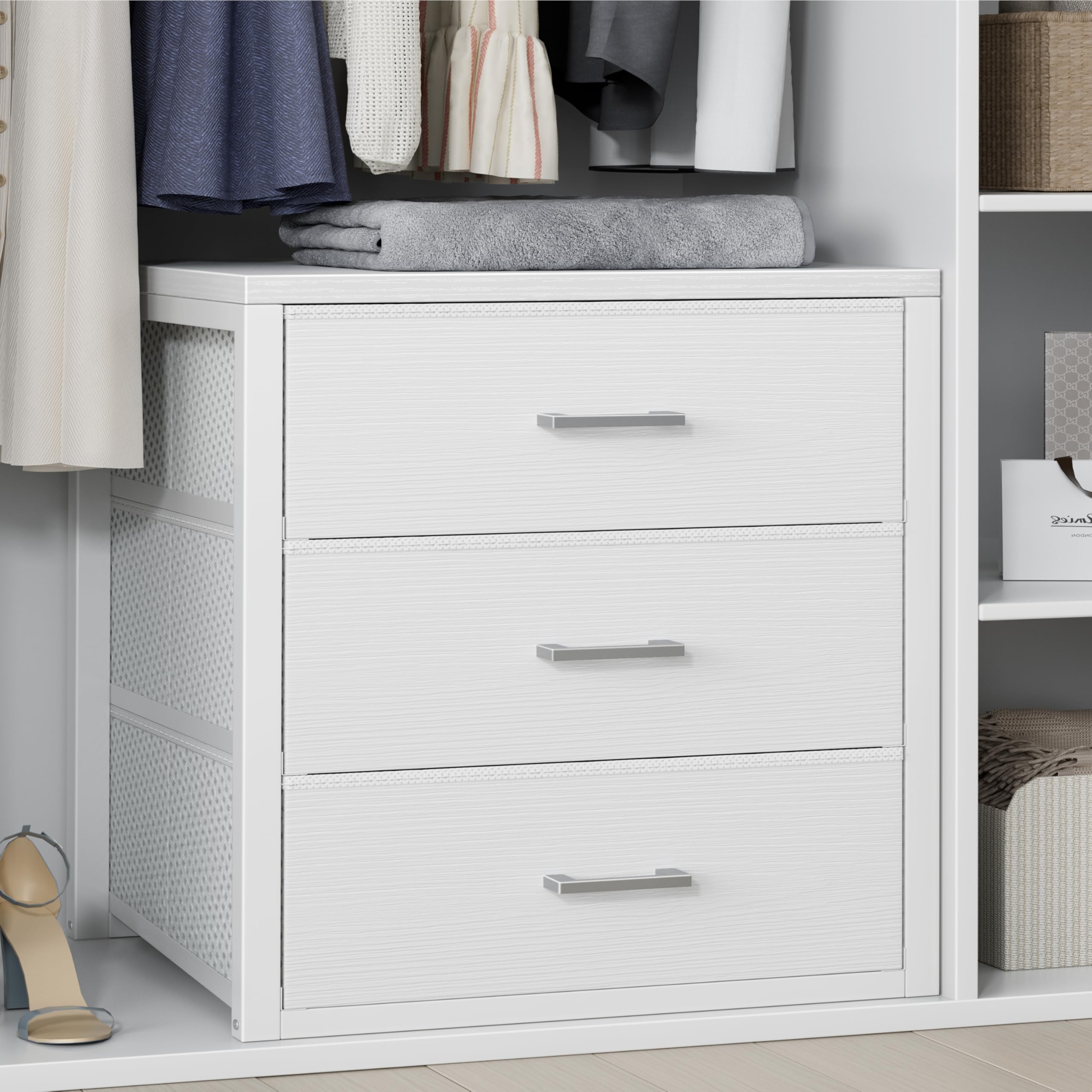 BOLUO vista frontal de la cómoda blanca con 3 cajones, almacenamiento compacto