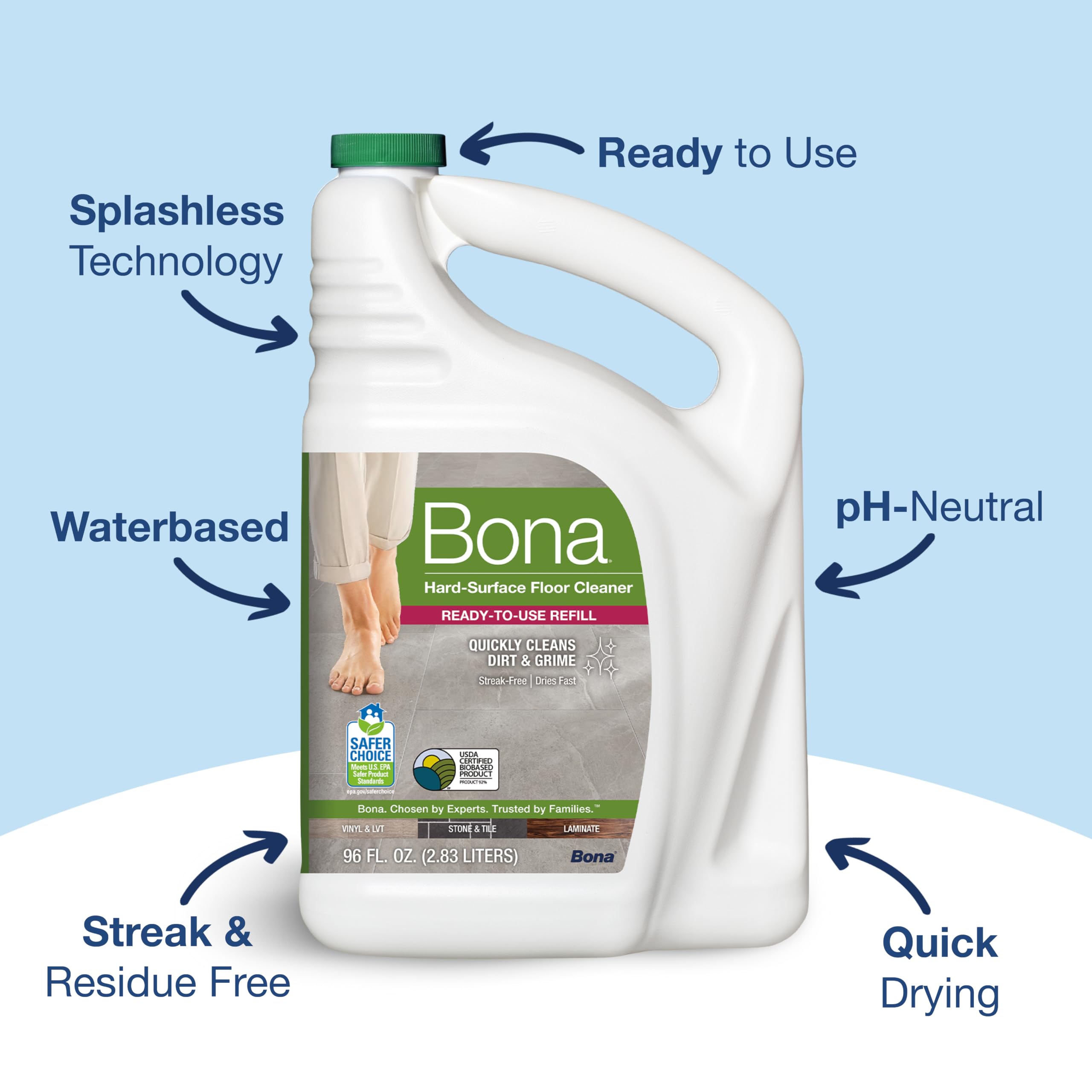 Bona etiqueta con certificaciones USDA y Safer Choice para confianza ecológica