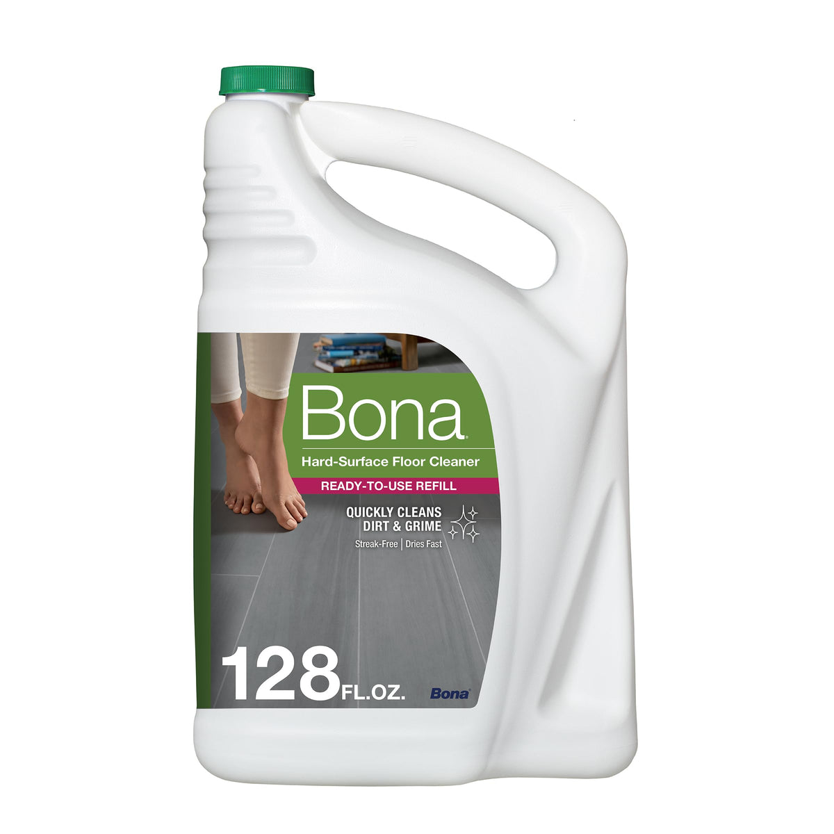 Bona envase frontal 128 fl oz mostrando etiqueta y tamaño práctico