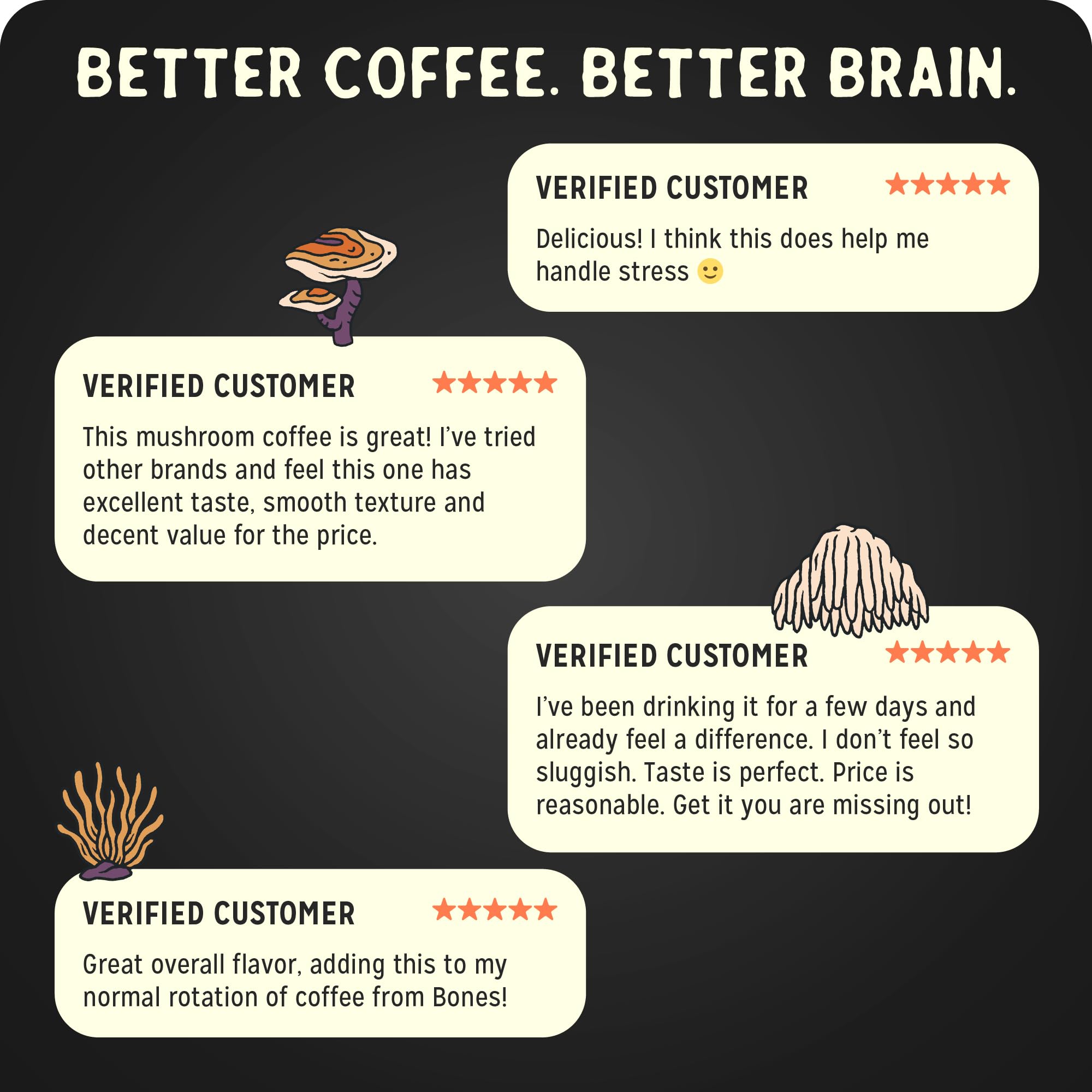 Bones Coffee etiqueta con lista de ingredientes y dosis de extractos de hongos