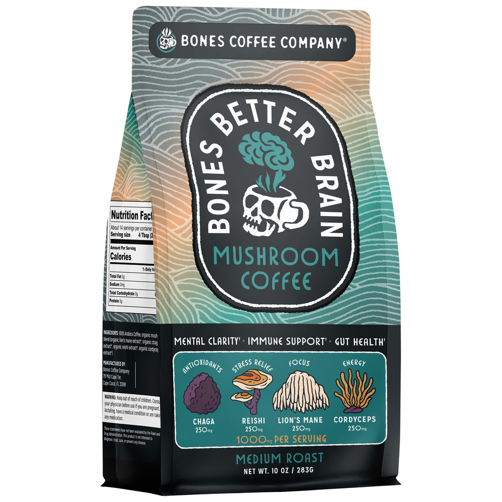 Bones Coffee paquete frontal mostrando 10 oz y mezcla de hongos, presentación clara