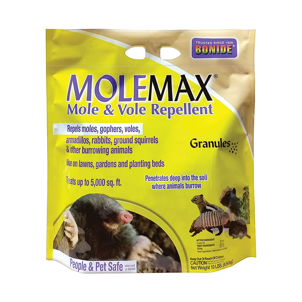 Bonide MOLEMAX embalaje frontal mostrando bolsa fácil de aplicar y cobertura amplia