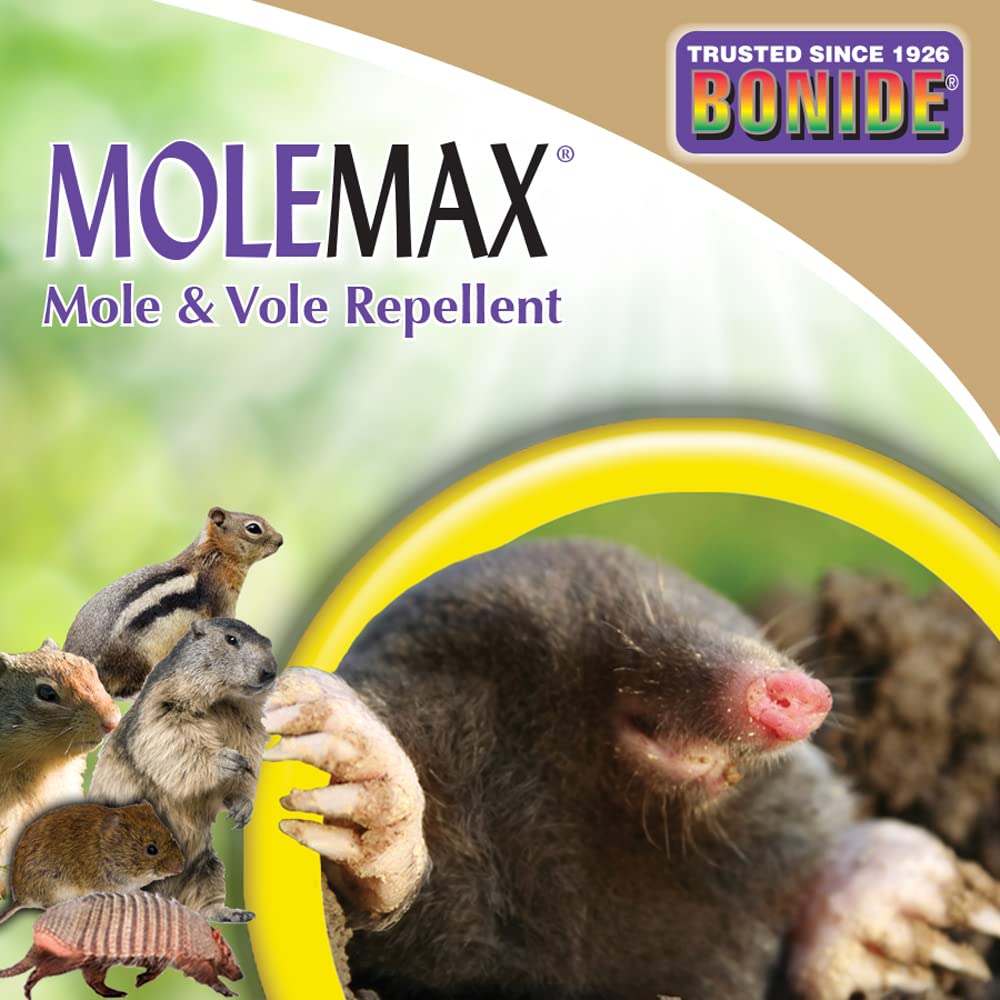 Bonide MOLEMAX gránulos en la palma mostrando tamaño y facilidad de esparcido