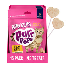 Bonkers Purrpops empaque frontal mostrando 15 paletas y beneficio de conveniencia