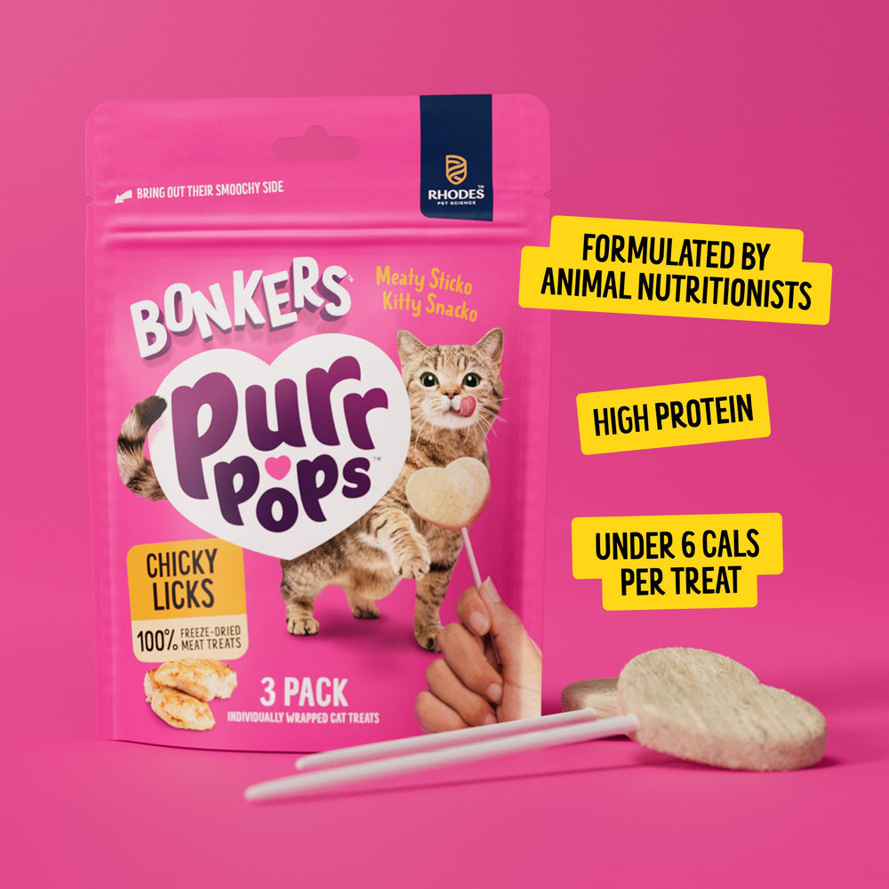 Bonkers Purrpops etiqueta nutricional legible indicando formulación por nutricionistas