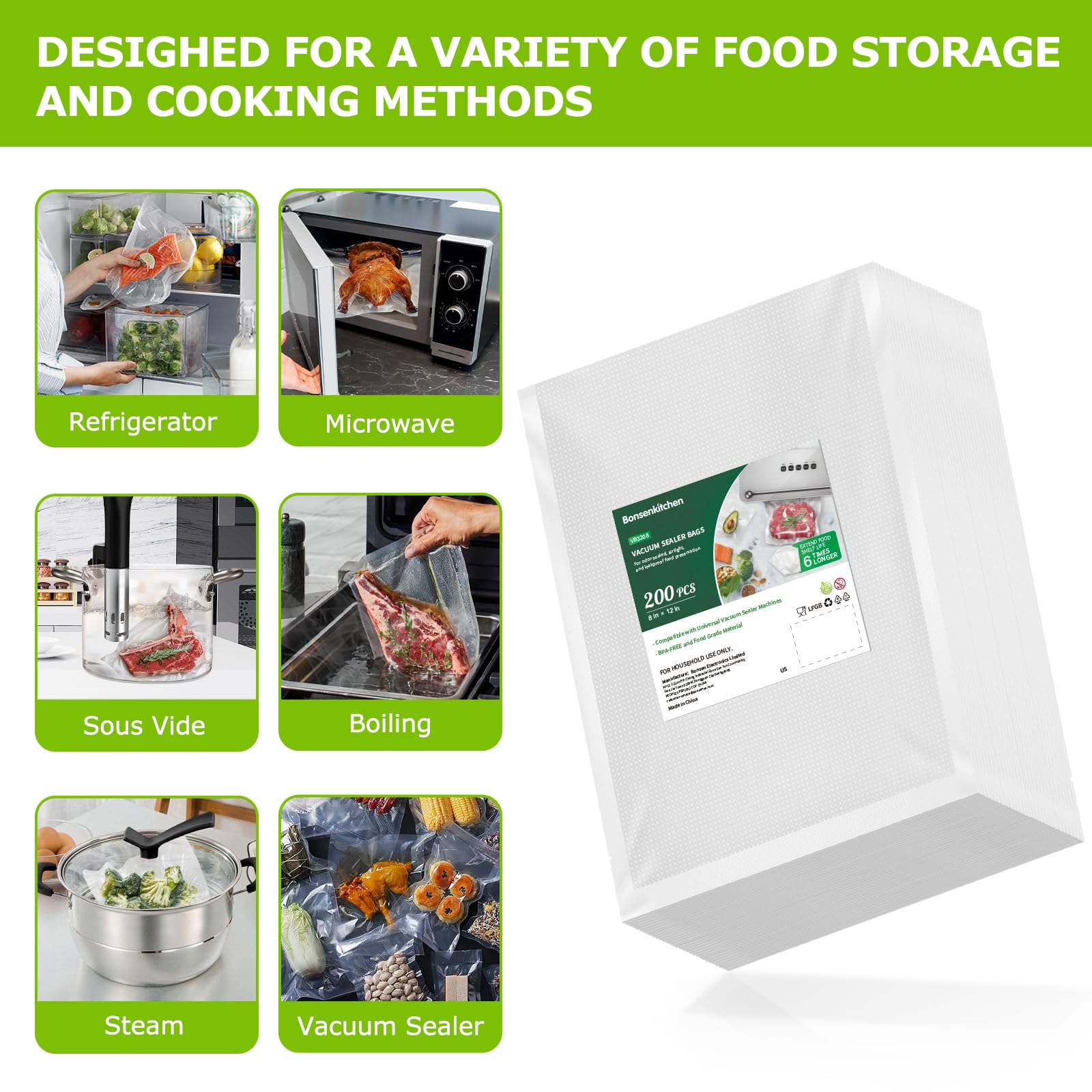 Bonsenkitchen bolsas selladas con porciones de alimentos que mantienen frescura y evitan quemaduras por congelador