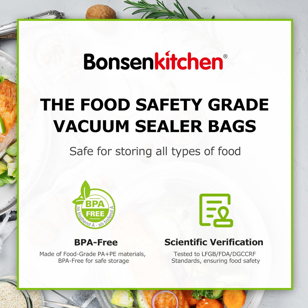 Bonsenkitchen etiqueta mostrando material PA+PE y libre de BPA, seguridad alimentaria clara