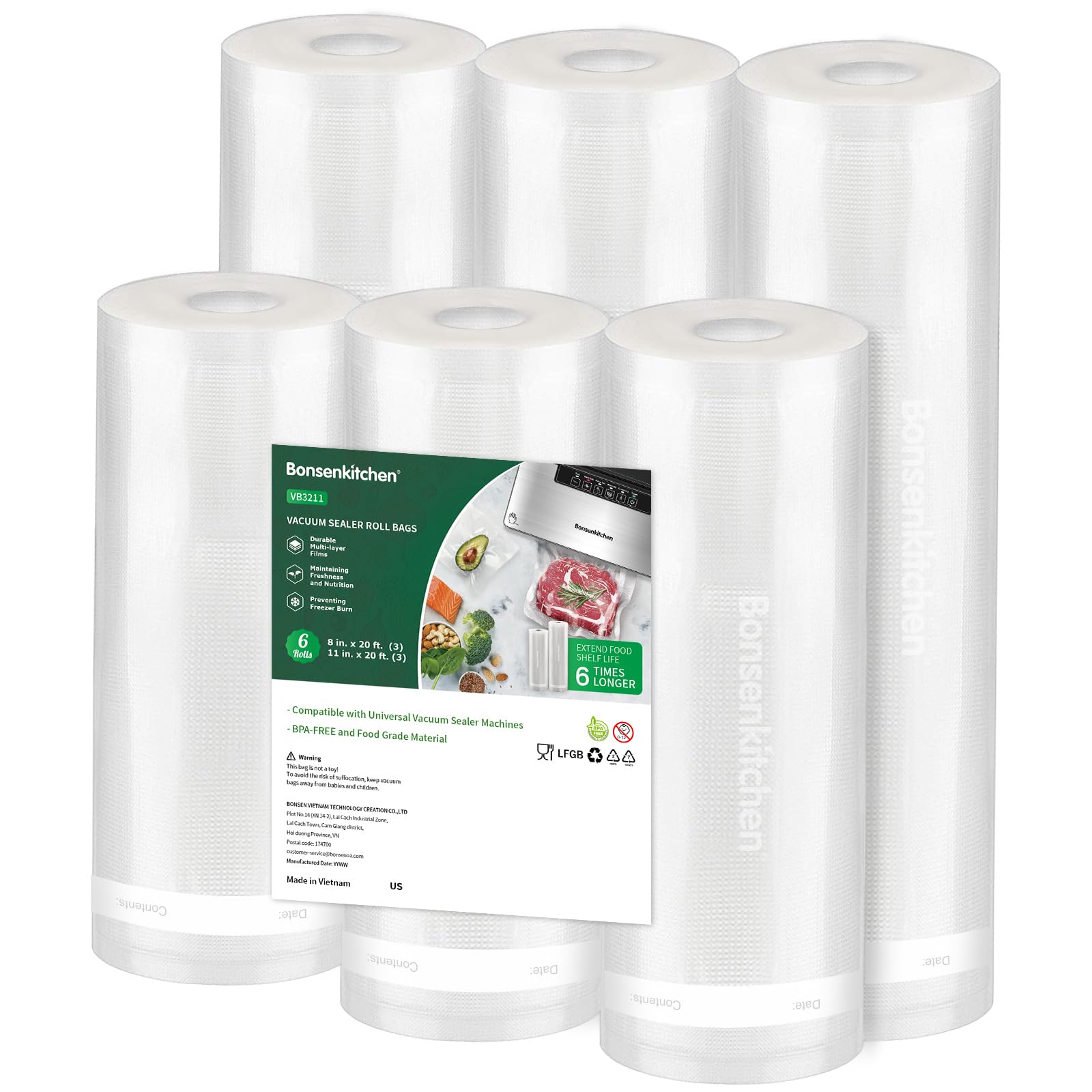 Bonsenkitchen frente del paquete con tres rollos grandes y pequeños, conveniente para ahorrar espacio