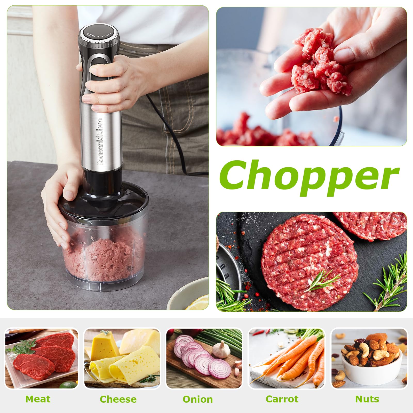 Bonsenkitchen bol picador con verduras mostrando corte uniforme y rapidez