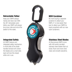 Boomerang Tool Company snip en uso en barca sujeto al chaleco, seguridad y alcance