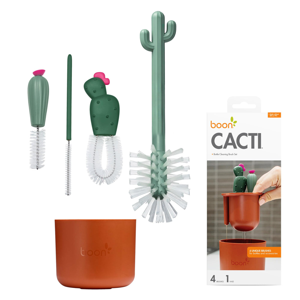 Boon cacti cepillos frontal mostrando set completo y organización