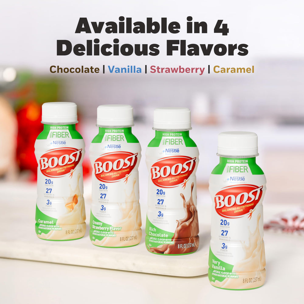 BOOST batido Very Vanilla servido junto a avena para desayuno nutritivo