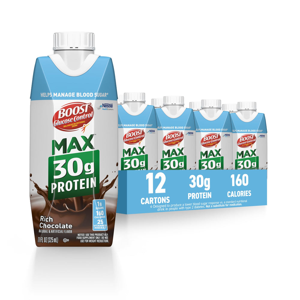 BOOST frente del envase mostrando sabor rich chocolate y beneficio conveniencia