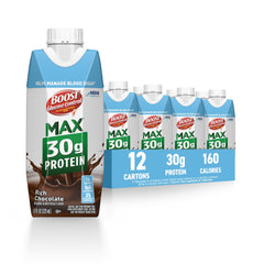 BOOST frente del envase mostrando sabor rich chocolate y beneficio conveniencia