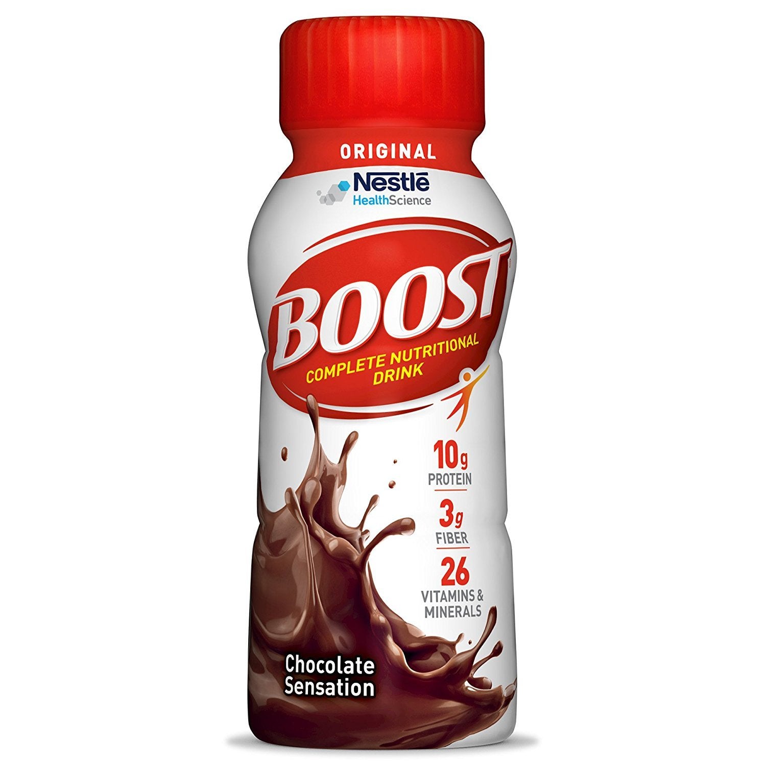 BOOST botella frontal mostrando el diseño y la porción lista para beber
