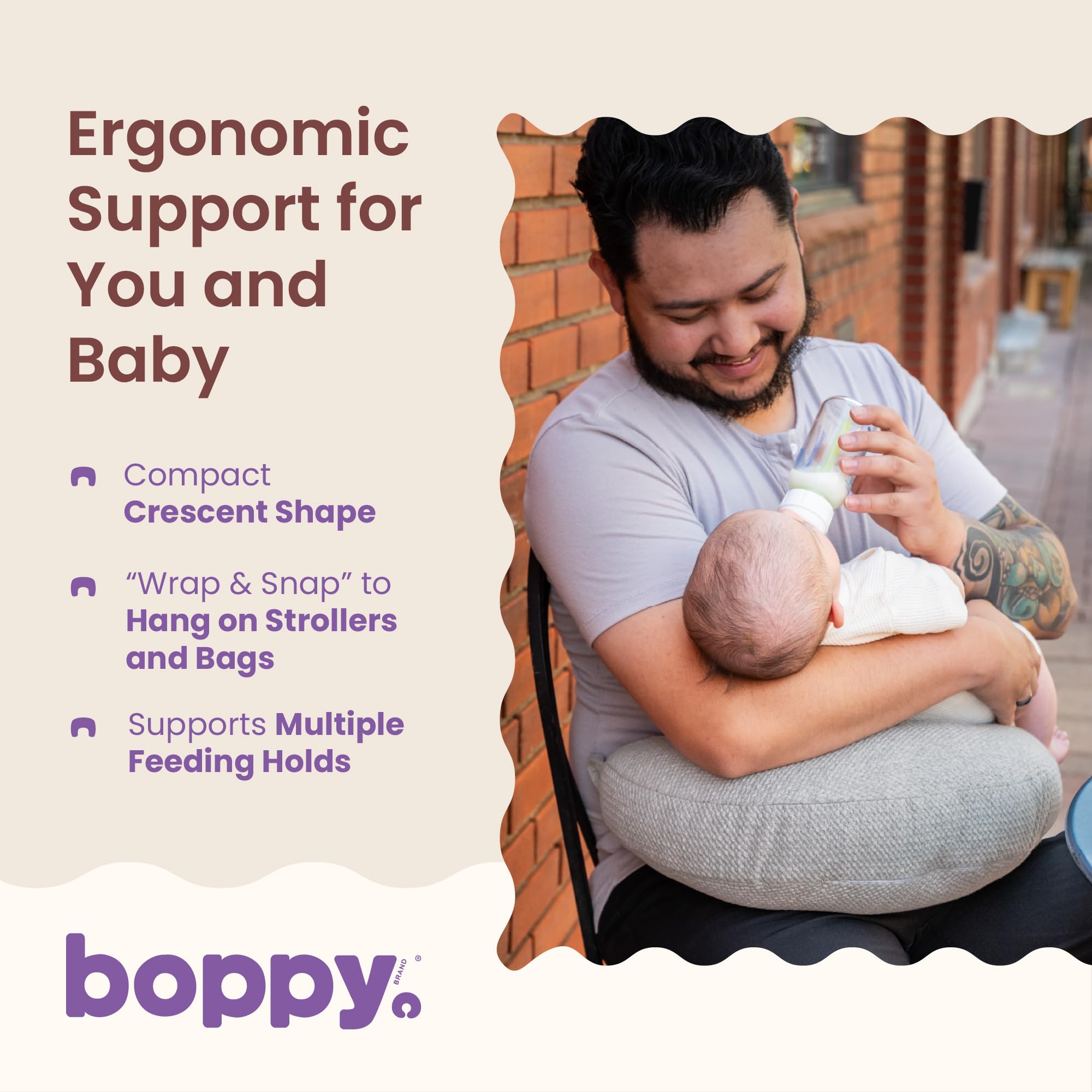 Boppy en uso dentro de un coche, soporte ergonómico para alimentación segura