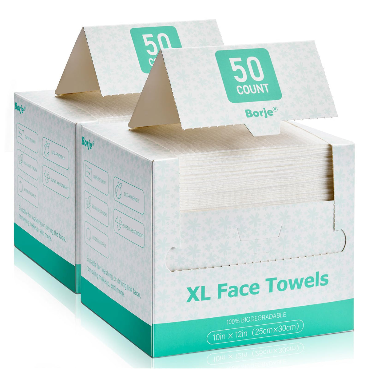 Borje empaque frontal mostrando las 2 cajas y 100 toallas, ideal para almacenamiento