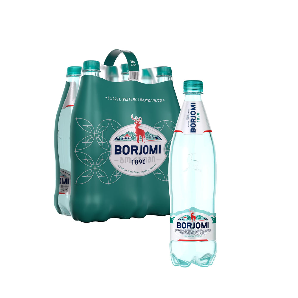 BORJOMI vista frontal del pack de 6 botellas PET, práctico para compartir