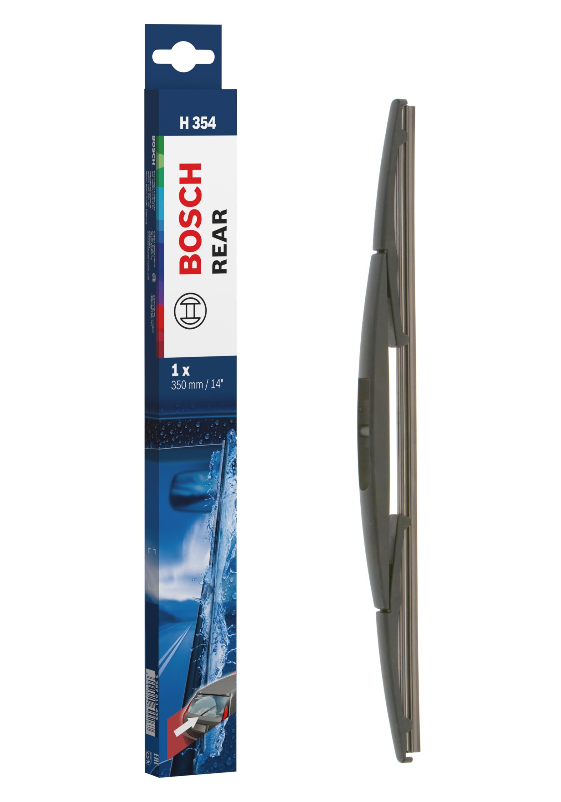 Bosch H354 empaque frontal mostrando producto y ajuste OE