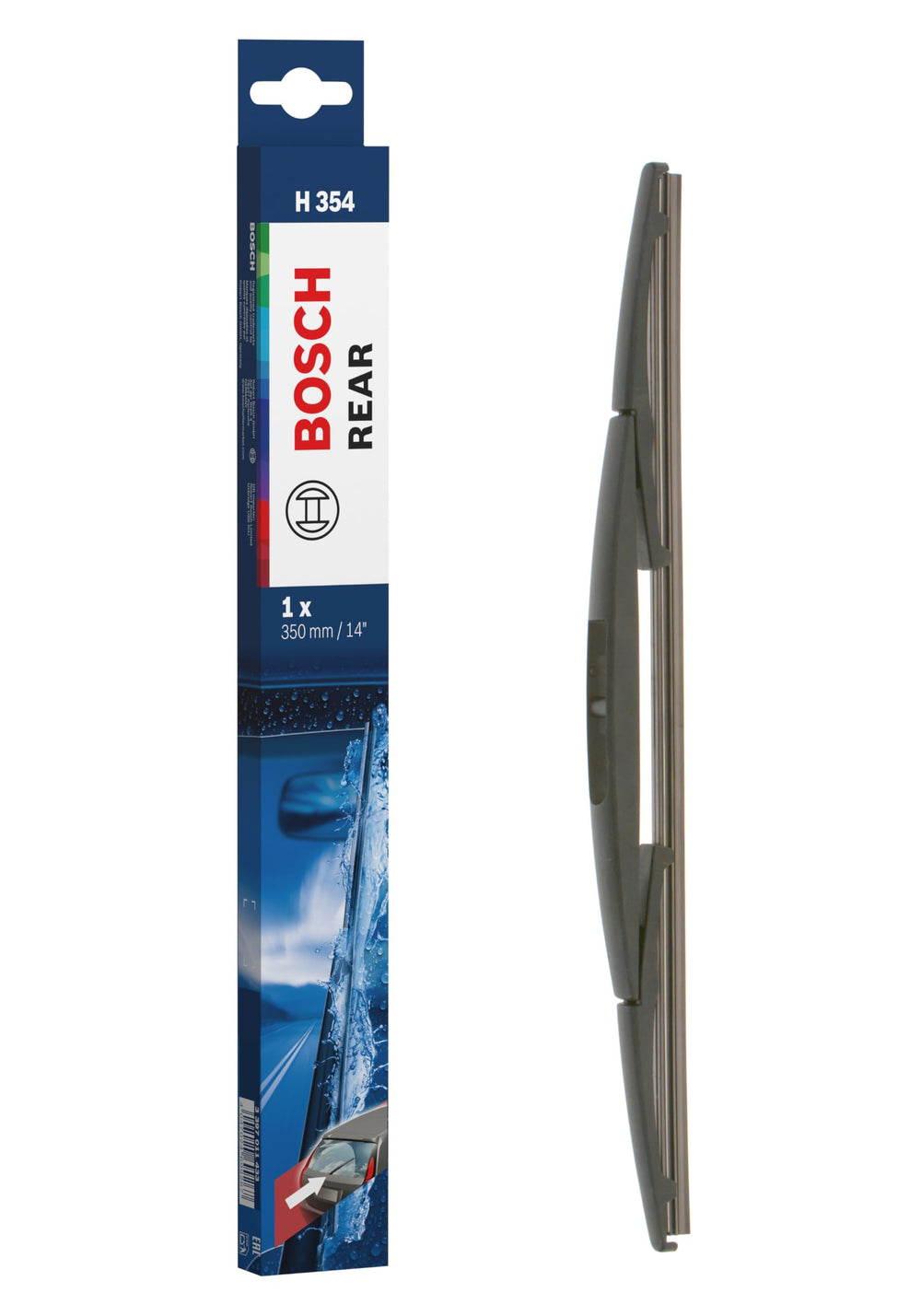 Bosch H354 empaque frontal mostrando producto y ajuste OE