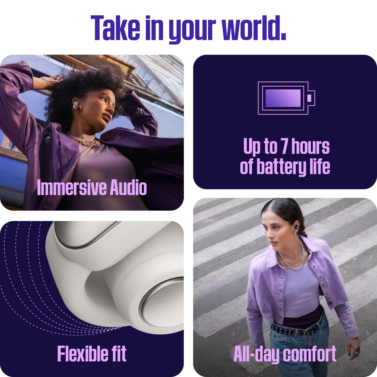 Estuche abierto Bose con auriculares mostrando autonomía extra y carga portátil