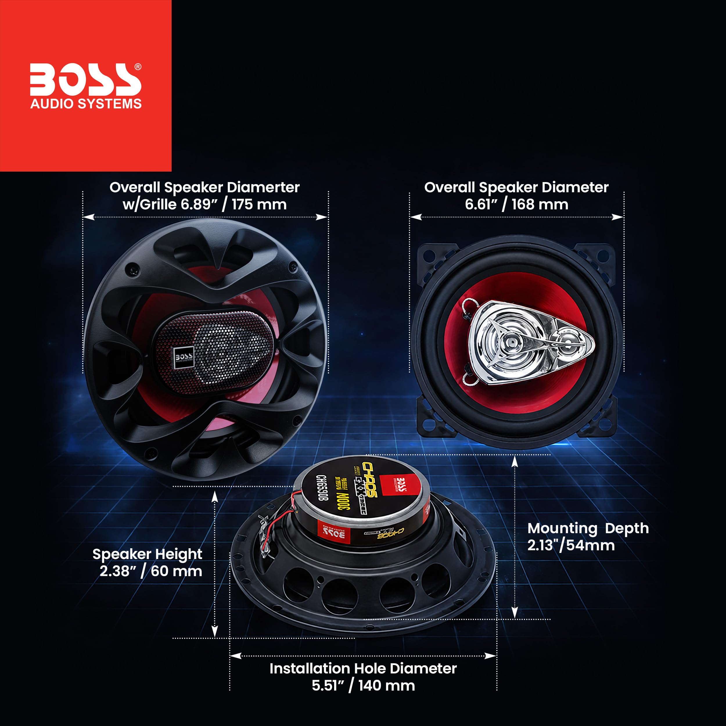 BOSS Audio Systems etiqueta con especificaciones para confirmar impedancia y potencia