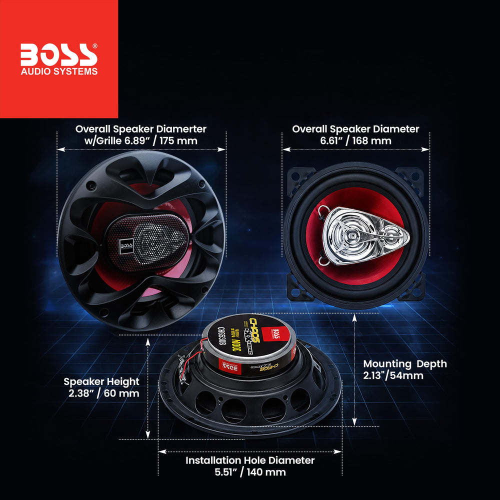 BOSS Audio Systems etiqueta con especificaciones para confirmar impedancia y potencia